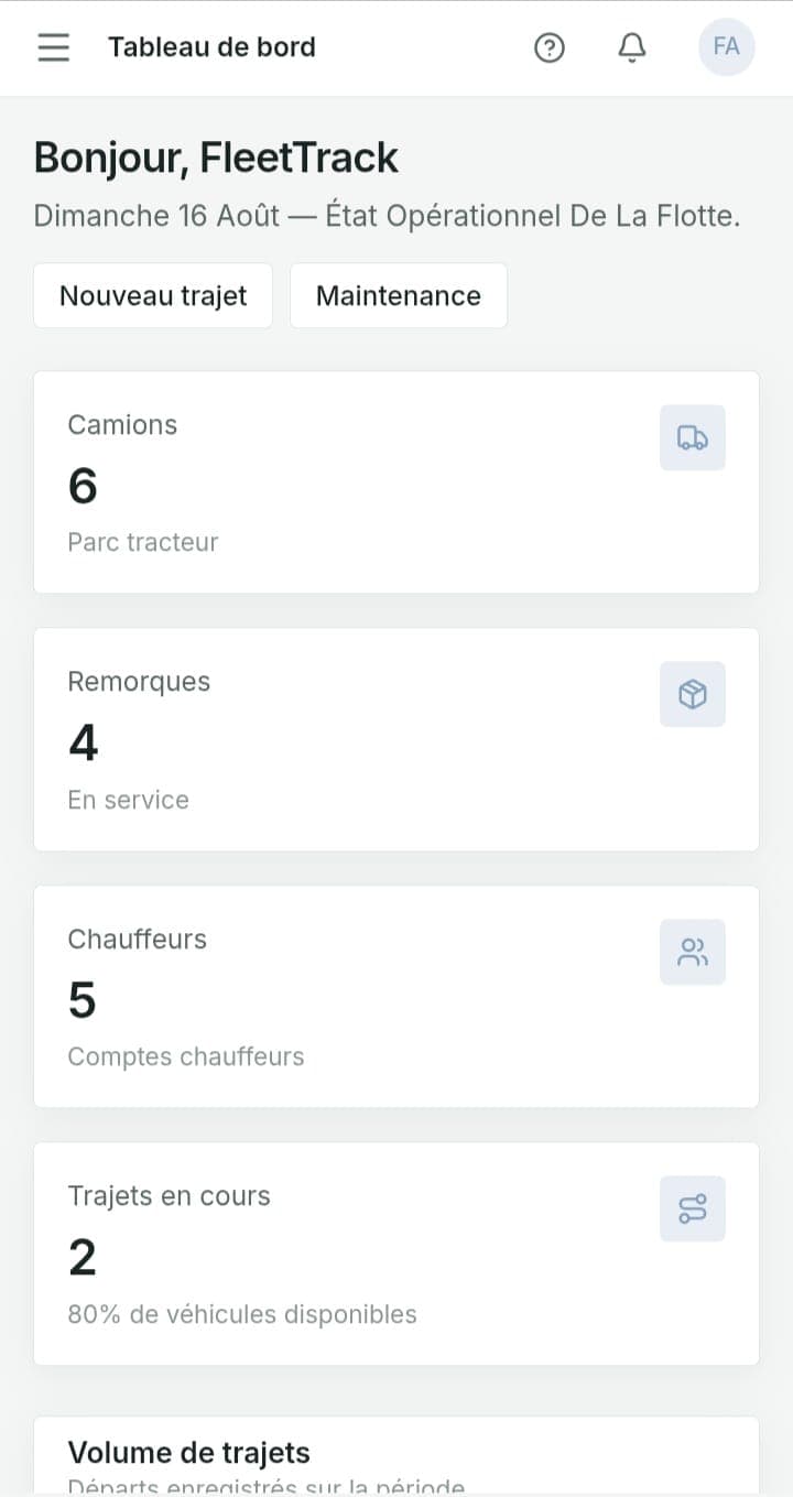 FleetTrack admin overview on mobile