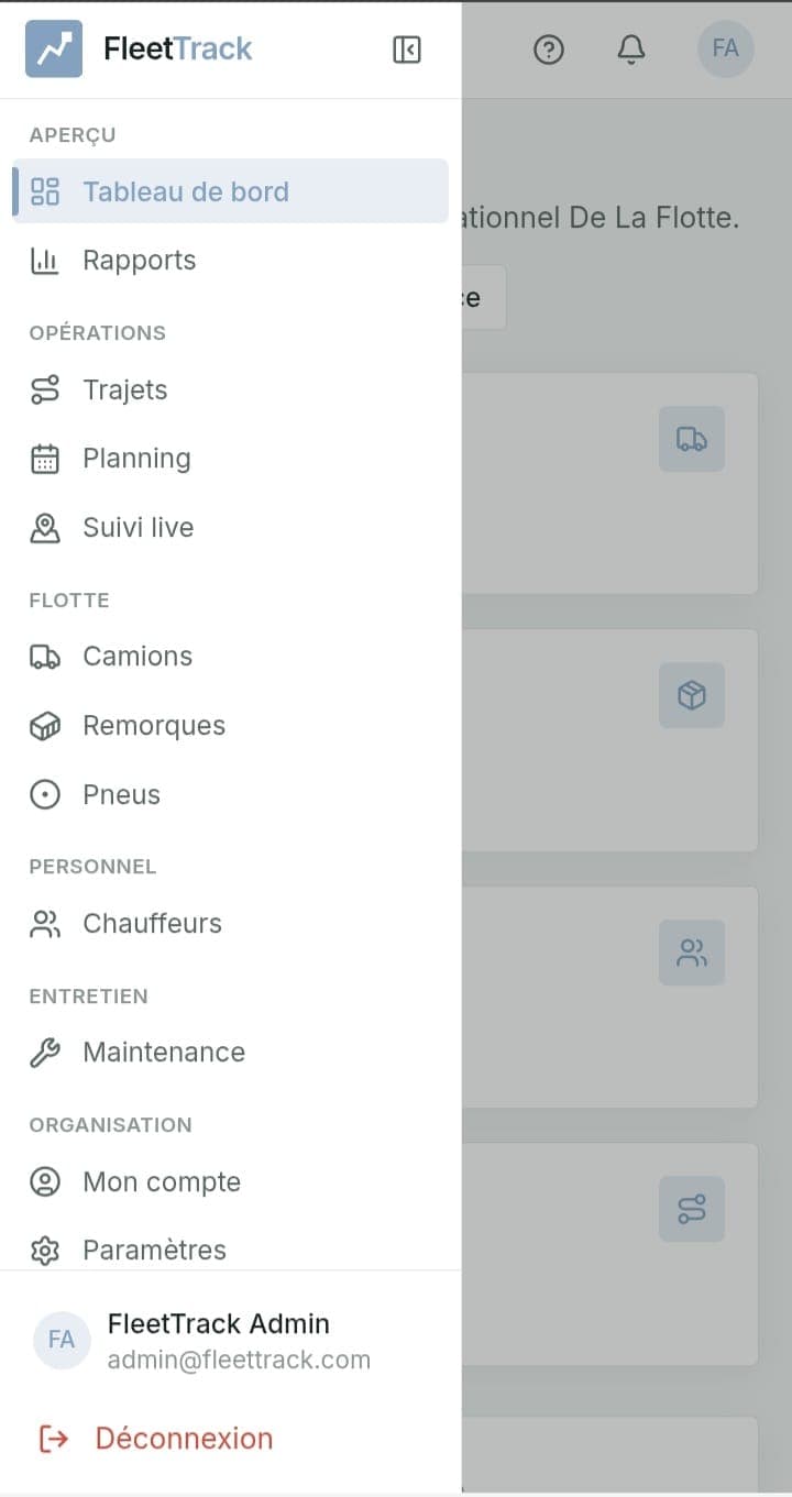 FleetTrack admin navigation on mobile