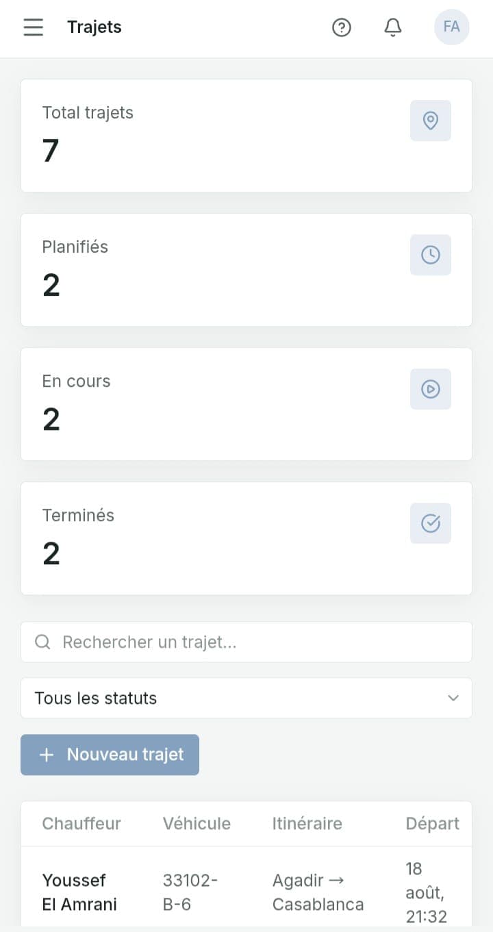 FleetTrack trips on mobile