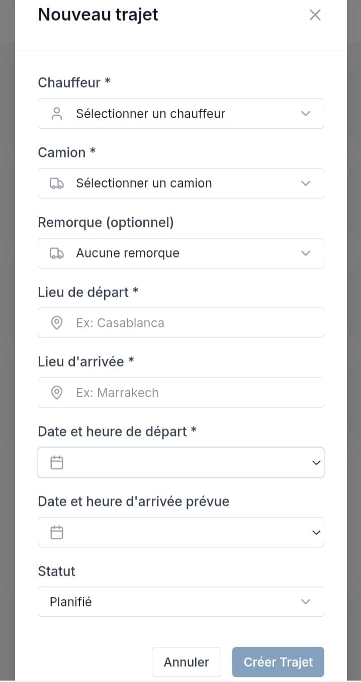 FleetTrack new trip form