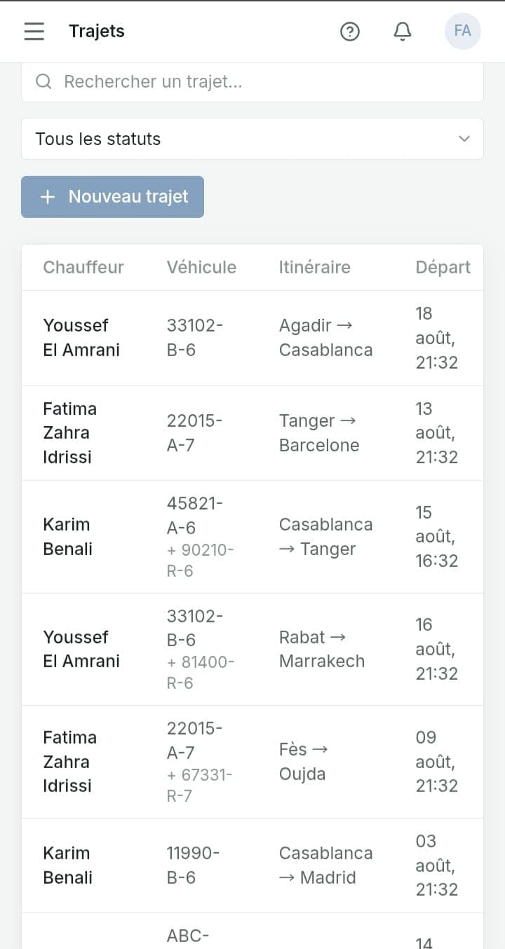 FleetTrack trips list on mobile