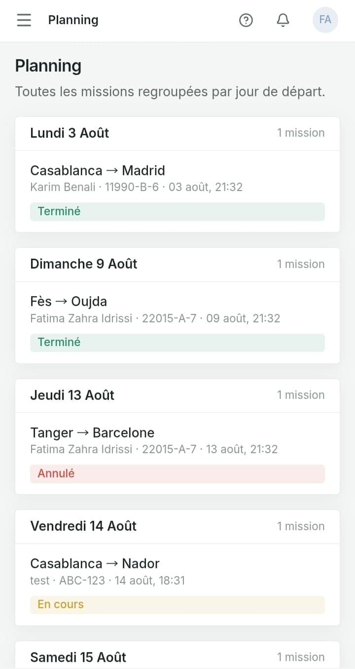 FleetTrack planning on mobile