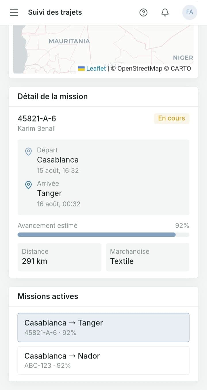 FleetTrack live mission detail on mobile