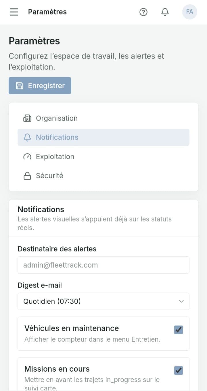 FleetTrack settings on mobile